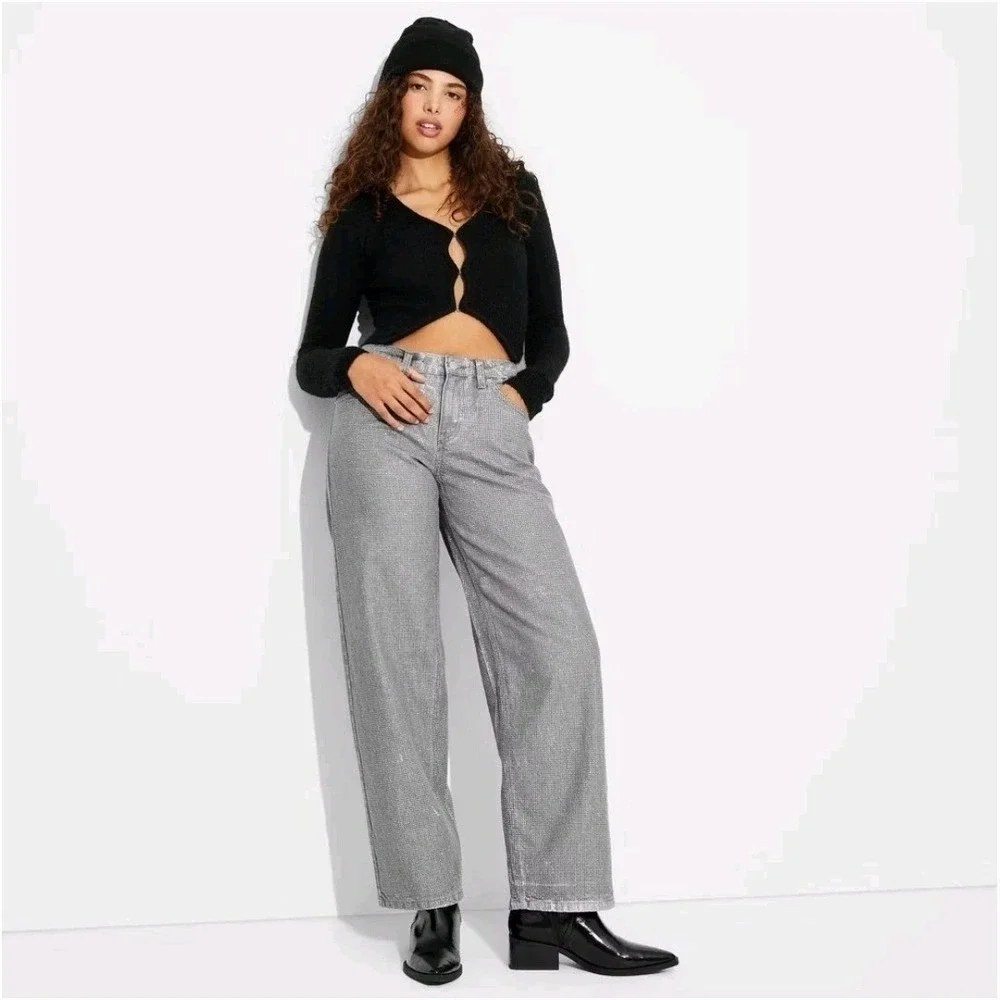 Wild Fable NWT 4 High Rise Wide Leg Glitter Jeans Gray Silver Sparkle Party Fun